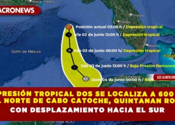 DEPRESIÓN TROPICAL DOS SE LOCALIZA A 600 KM AL NORTE DE CABO CATOCHE, QUINTANAN ROO, CON DESPLAZAMIENTO HACIA EL SUR
