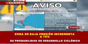 ZONA DE BAJA PRESIÓN INCREMENTA A 70% SU PROBABILIDAD DE DESARROLLO CICLÓNICO