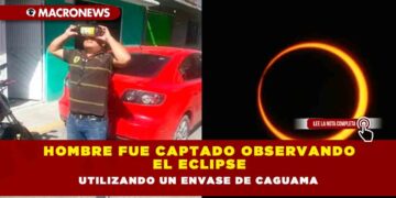 Hombre fue captado observando el eclipse utilizando un envase de caguama