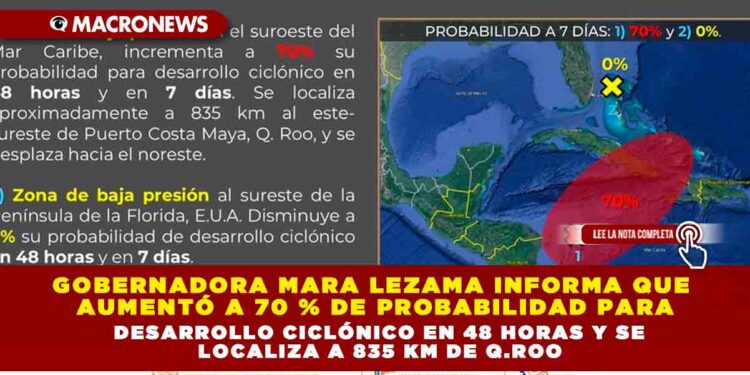 GOBERNADORA MARA LEZAMA INFORMA QUE AUMENTÓ A 70 % DE PROBABILIDAD PARA DESARROLLO CICLÓNICO EN 48 HORAS Y SE LOCALIZA A 835 KM DE Q.ROO