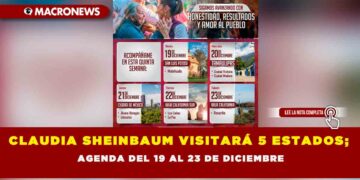 CLAUDIA SHEINBAUM VISITARÁ 5 ESTADOS; AGENDA DEL 19 AL 23 DE DICIEMBRE