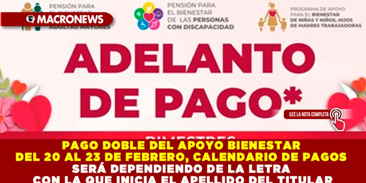 PAGO DOBLE DEL APOYO BIENESTAR DEL 20 AL 23 DE FEBRERO, CALENDARIO DE PAGOS SERÁ DEPENDIENDO DE LA LETRA CON LA QUE INICIA EL APELLIDO DEL TITULAR