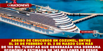 ARRIBO DE CRUCEROS EN COZUMEL, ENTRE EL 26 DE FEBRERO Y EL 3 DE MARZO CON MÁS DE 105 MIL TURISTAS QUE GENERARÁN UNA DERRAMA ECONÓMICA ESTIMADA DE 143 MILLONES DE PESOS