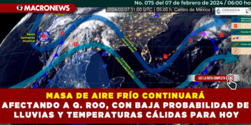 MASA DE AIRE FRÍO CONTINUARÁ AFECTANDO A Q. ROO, CON BAJA PROBABILIDAD DE LLUVIAS Y TEMPERATURAS CÁLIDAS PARA HOY