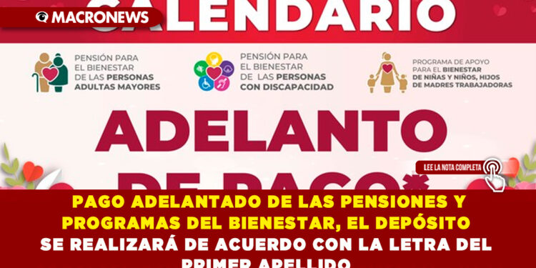 PAGO ADELANTADO DE LAS PENSIONES Y PROGRAMAS DEL BIENESTAR, EL DEPÓSITO SE REALIZARÁ DE ACUERDO CON LA LETRA DEL PRIMER APELLIDO