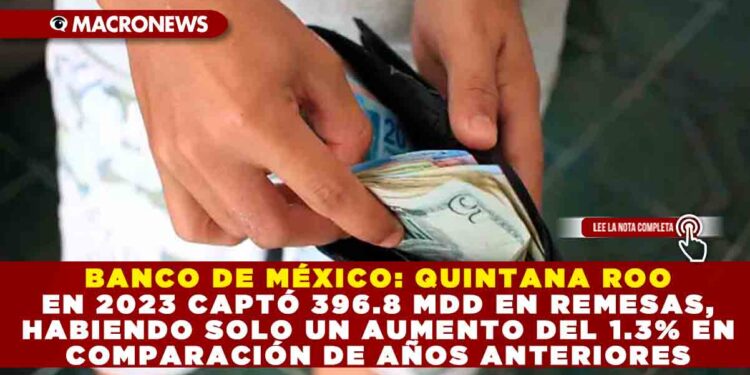 BANCO DE MÉXICO: QUINTANA ROO EN 2023 CAPTÓ 396.8 MDD EN REMESAS, HABIENDO SOLO UN AUMENTO DEL 1.3% EN COMPARACIÓN DE AÑOS ANTERIORES
