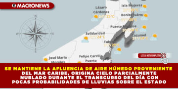 SE MANTIENE LA AFLUENCIA DE AIRE HÚMEDO PROVENIENTE DEL MAR CARIBE, ORIGINA CIELO PARCIALMENTE NUBLADO DURANTE EL TRANSCURSO DEL DÍA CON POCAS PROBABILIDADES DE LLUVIAS SOBRE EL ESTADO