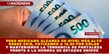 PESO MEXICANO ALCANZA SU NIVEL MÁS ALTO DESDE 2015, COTIZANDO A 16.58 POR DÓLAR Y MANTENIENDO LA TENDENCIA DE FORTALEZA FRENTE A LA MONEDA DE ESTADOS UNIDOS