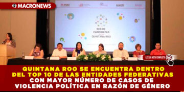 QUINTANA ROO SE ENCUENTRA DENTRO DEL TOP 10 DE LAS ENTIDADES FEDERATIVAS CON MAYOR NÚMERO DE CASOS DE VIOLENCIA POLÍTICA EN RAZÓN DE GÉNERO