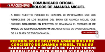 REEMBOLSO DE BOLETOS ADQUIRIDOS POR CONCIERTO DE AMANDA MIGUEL, TRAS SU CANCELACIÓN Y DESPUÉS DE TANTO TIEMPO SE REALIZARÁ ESTE VIERNES 01 DE MARZO 