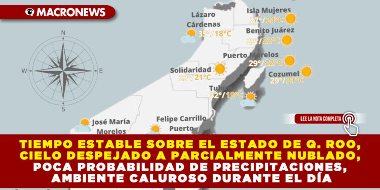 TIEMPO ESTABLE SOBRE EL ESTADO DE Q. ROO, CIELO DESPEJADO A PARCIALMENTE NUBLADO, POCA PROBABILIDAD DE PRECIPITACIONES, AMBIENTE CALUROSO DURANTE EL DÍA