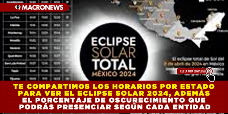 TE COMPARTIMOS LOS HORARIOS POR ESTADO PARA VER EL ECLIPSE SOLAR 2024, ADEMÁS EL PORCENTAJE DE OSCURECIMIENTO QUE PODRÁS PRESENCIAR SEGÚN CADA ENTIDAD