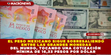 EL PESO MEXICANO SIGUE SOBRESALIENDO ENTRE LAS GRANDES MONEDAS DEL MUNDO, TOCANDO UNA COTIZACIÓN MÍNIMA DE 16,33 PESOS POR DÓLAR