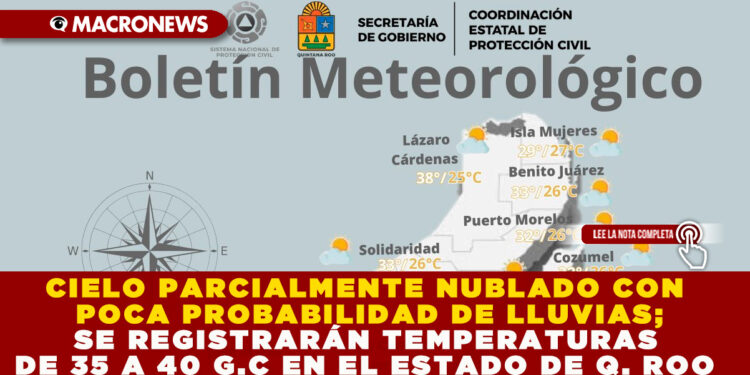 CIELO PARCIALMENTE NUBLADO CON POCA PROBABILIDAD DE LLUVIAS; SE REGISTRARÁN TEMPERATURAS DE 35 A 40 G.C EN EL ESTADO DE Q. ROO