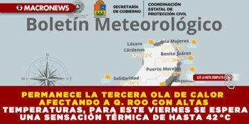 PERMANECE LA TERCERA OLA DE CALOR AFECTANDO A Q. ROO CON ALTAS TEMPERATURAS, PARA ESTE VIERNES SE ESPERA UNA SENSACIÓN TÉRMICA DE HASTA 42 °C