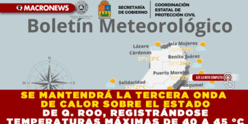 SE MANTENDRÁ LA TERCERA ONDA DE CALOR SOBRE EL ESTADO DE Q. ROO, REGISTRÁNDOSE TEMPERATURAS MÁXIMAS DE 40 A 45 °C