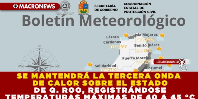 SE MANTENDRÁ LA TERCERA ONDA DE CALOR SOBRE EL ESTADO DE Q. ROO, REGISTRÁNDOSE TEMPERATURAS MÁXIMAS DE 40 A 45 °C