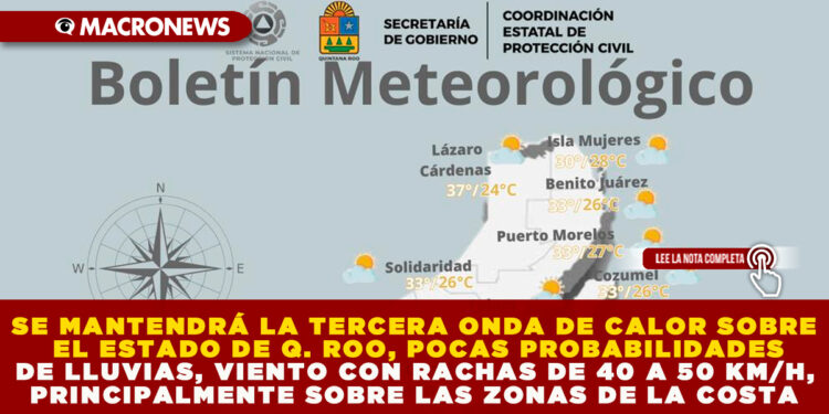 SE MANTENDRÁ LA TERCERA ONDA DE CALOR SOBRE EL ESTADO DE Q. ROO, POCAS PROBABILIDADES DE LLUVIAS, VIENTO CON RACHAS DE 40 A 50 KM/H, PRINCIPALMENTE SOBRE LAS ZONAS DE LA COSTA
