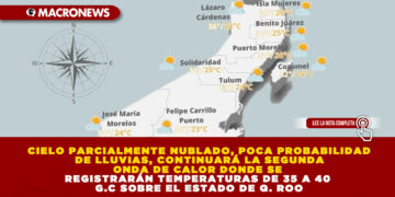 CIELO PARCIALMENTE NUBLADO, POCA PROBABILIDAD DE LLUVIAS, CONTINUARÁ LA SEGUNDA ONDA DE CALOR DONDE SE REGISTRARÁN TEMPERATURAS DE 35 A 40 G.C SOBRE EL ESTADO DE Q. ROO