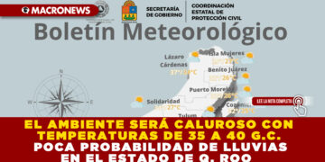 EL AMBIENTE SERÁ CALUROSO CON TEMPERATURAS DE 35 A 40 G.C. POCA PROBABILIDAD DE LLUVIAS EN EL ESTADO DE Q. ROO    