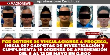 FGE OBTIENE 26 VINCULACIONES A PROCESO, INICIA 957 CARPETAS DE INVESTIGACIÓN Y CUMPLIMENTA 16 ORDENES DE APREHENSIÓN DEL 6 AL 12 DE MAYO