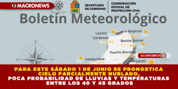 PARA ESTE SÁBADO 1 DE JUNIO SE PRONOSTICA CIELO PARCIALMENTE NUBLADO, POCA PROBABILIDAD DE LLUVIAS Y TEMPERATURAS ENTRE LOS 40 Y 45 GRADOS