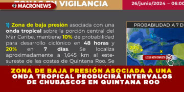 ZONA DE BAJA PRESIÓN ASOCIADA A UNA ONDA TROPICAL PRODUCIRÁ INTERVALOS DE CHUBASCOS EN QUINTANA ROO