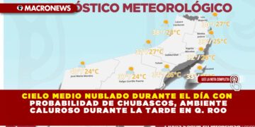 CIELO MEDIO NUBLADO DURANTE EL DÍA CON PROBABILIDAD DE CHUBASCOS, AMBIENTE CALUROSO DURANTE LA TARDE EN Q. ROO