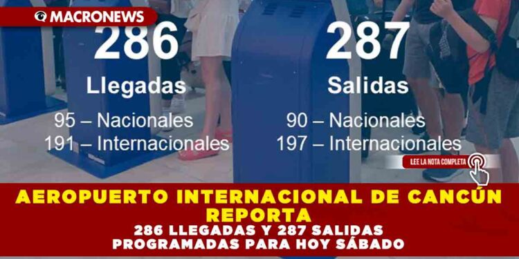 AEROPUERTO INTERNACIONAL DE CANCÚN REPORTA 286 LLEGADAS Y 287 SALIDAS PROGRAMADAS PARA HOY SÁBADO