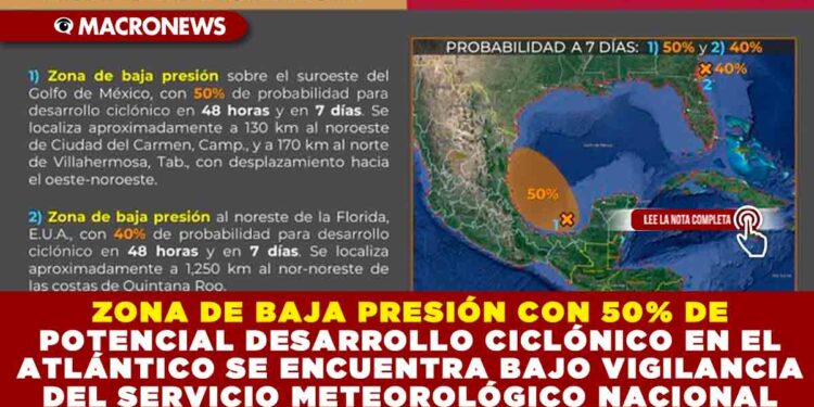 ZONA DE BAJA PRESIÓN CON 50% DE POTENCIAL DESARROLLO CICLÓNICO EN EL ATLÁNTICO SE ENCUENTRA BAJO VIGILANCIA DEL SERVICIO METEOROLÓGICO NACIONAL