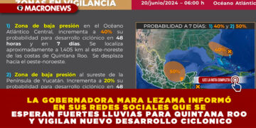 LA GOBERNADORA MARA LEZAMA INFORMÓ EN SUS REDES SOCIALES QUE SE ESPERAN FUERTES LLUVIAS PARA QUINTANA ROO Y VIGILAN NUEVO DESARROLLO CICLONICO