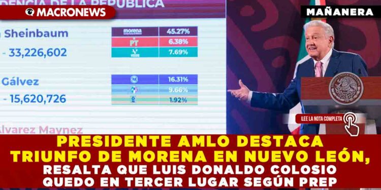 PRESIDENTE AMLO DESTACA TRIUNFO DE MORENA EN NUEVO LEÓN, RESALTA QUE LUIS DONALDO COLOSIO QUEDO EN TERCER LUGAR SEGÚN PREP