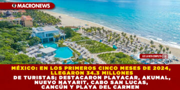 MÉXICO: EN LOS PRIMEROS CINCO MESES DE 2024, LLEGARON 34.3 MILLONES DE TURISTAS; DESTACARON PLAYACAR, AKUMAL, NUEVO NAYARIT, CABO SAN LUCAS, CANCÚN Y PLAYA DEL CARMEN