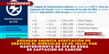 AGUAKAN ANUNCIA AFECTACIÓN DE SERVICIO EL MIÉRCOLES 24 DE JULIO, POR MANTENIMIENTO DE CFE EN ZONA DE CAPTACIÓN DE CANCÚN