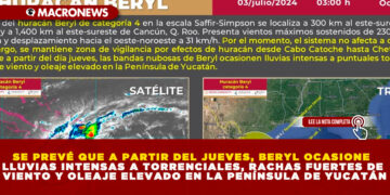 SE PREVÉ QUE A PARTIR DEL JUEVES, BERYL OCASIONE LLUVIAS INTENSAS A TORRENCIALES, RACHAS FUERTES DE VIENTO Y OLEAJE ELEVADO EN LA PENÍNSULA DE YUCATÁN