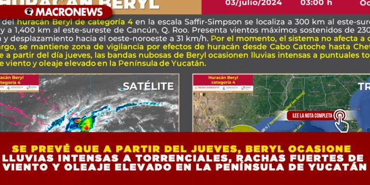 SE PREVÉ QUE A PARTIR DEL JUEVES, BERYL OCASIONE LLUVIAS INTENSAS A TORRENCIALES, RACHAS FUERTES DE VIENTO Y OLEAJE ELEVADO EN LA PENÍNSULA DE YUCATÁN