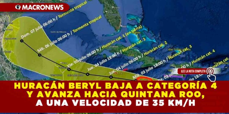 HURACÁN BERYL BAJA A CATEGORÍA 4 Y AVANZA HACIA QUINTANA ROO, A UNA VELOCIDAD DE 35 KM/H