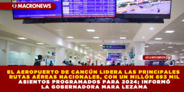 EL AEROPUERTO DE CANCÚN LIDERA LAS PRINCIPALES RUTAS AÉREAS NACIONALES, CON UN MILLÓN 893 MIL ASIENTOS PROGRAMADOS PARA 2024; INFORMÓ LA GOBERNADORA MARA LEZAMA
