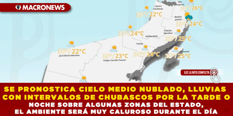 SE PRONOSTICA CIELO MEDIO NUBLADO, LLUVIAS CON INTERVALOS DE CHUBASCOS POR LA TARDE O NOCHE SOBRE ALGUNAS ZONAS DEL ESTADO, EL AMBIENTE SERÁ MUY CALUROSO DURANTE EL DÍA