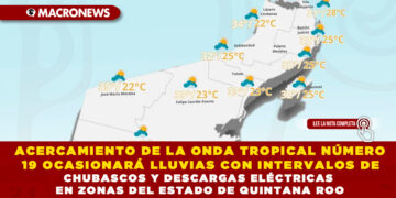 ACERCAMIENTO DE LA ONDA TROPICAL NÚMERO 19 OCASIONARÁ LLUVIAS CON INTERVALOS DE CHUBASCOS Y DESCARGAS ELÉCTRICAS EN ZONAS DEL ESTADO DE QUINTANA ROO