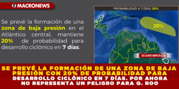 SE PREVÉ LA FORMACIÓN DE UNA ZONA DE BAJA PRESIÓN CON 20% DE PROBABILIDAD PARA DESARROLLO CICLÓNICO EN 7 DÍAS. POR AHORA NO REPRESENTA UN PELIGRO PARA Q. ROO