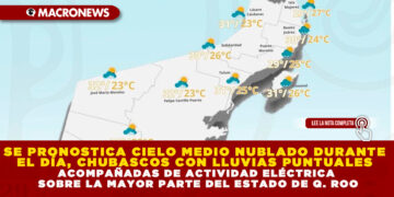 SE PRONOSTICA CIELO MEDIO NUBLADO DURANTE EL DÍA, CHUBASCOS CON LLUVIAS PUNTUALES ACOMPAÑADAS DE ACTIVIDAD ELÉCTRICA SOBRE LA MAYOR PARTE DEL ESTADO DE Q. ROO