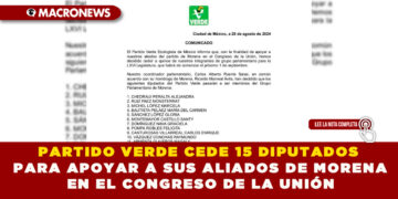 PARTIDO VERDE CEDE 15 DIPUTADOS PARA APOYAR A SUS ALIADOS DE MORENA EN EL CONGRESO DE LA UNIÓN