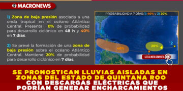 SE PRONOSTICAN LLUVIAS AISLADAS EN ZONAS DEL ESTADO DE QUINTANA ROO CON DESCARGAS ELÉCTRICAS QUE PODRÍAN GENERAR ENCHARCAMIENTOS