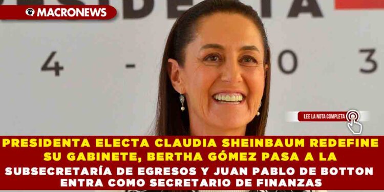 PRESIDENTA ELECTA CLAUDIA SHEINBAUM REDEFINE SU GABINETE, BERTHA GÓMEZ PASA A LA SUBSECRETARÍA DE EGRESOS Y JUAN PABLO DE BOTTON ENTRA COMO SECRETARIO DE FINANZAS