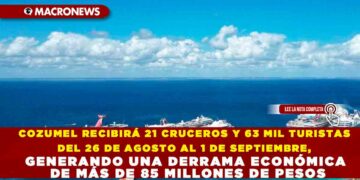 COZUMEL RECIBIRÁ 21 CRUCEROS Y 63 MIL TURISTAS DEL 26 DE AGOSTO AL 1 DE SEPTIEMBRE, GENERANDO UNA DERRAMA ECONÓMICA DE MÁS DE 85 MILLONES DE PESOS