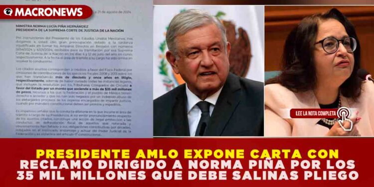 PRESIDENTE AMLO EXPONE CARTA CON RECLAMO DIRIGIDO A NORMA PIÑA POR LOS 35 MIL MILLONES QUE DEBE SALINAS PLIEGO