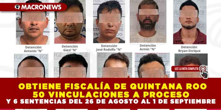 OBTIENE FISCALÍA DE QUINTANA ROO 50 VINCULACIONES A PROCESO Y 6 SENTENCIAS DEL 26 DE AGOSTO AL 1 DE SEPTIEMBRE