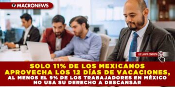 SOLO 11% DE LOS MEXICANOS APROVECHA LOS 12 DÍAS DE VACACIONES, AL MENOS EL 9% DE LOS TRABAJADORES EN MÉXICO NO USA SU DERECHO A DESCANSAR