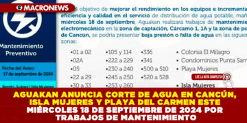 AGUAKAN ANUNCIA CORTE DE AGUA EN CANCÚN, ISLA MUJERES Y PLAYA DEL CARMEN ESTE MIÉRCOLES 18 DE SEPTIEMBRE DE 2024 POR TRABAJOS DE MANTENIMIENTO